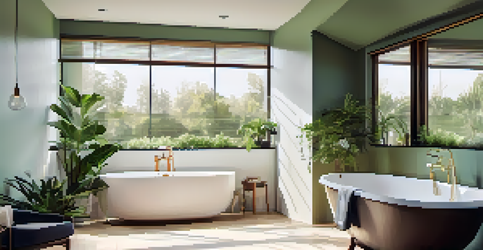 A modern, serene bathroom with a freestanding bathtub, green plants, and a wooden vanity lit by natural sunlight.