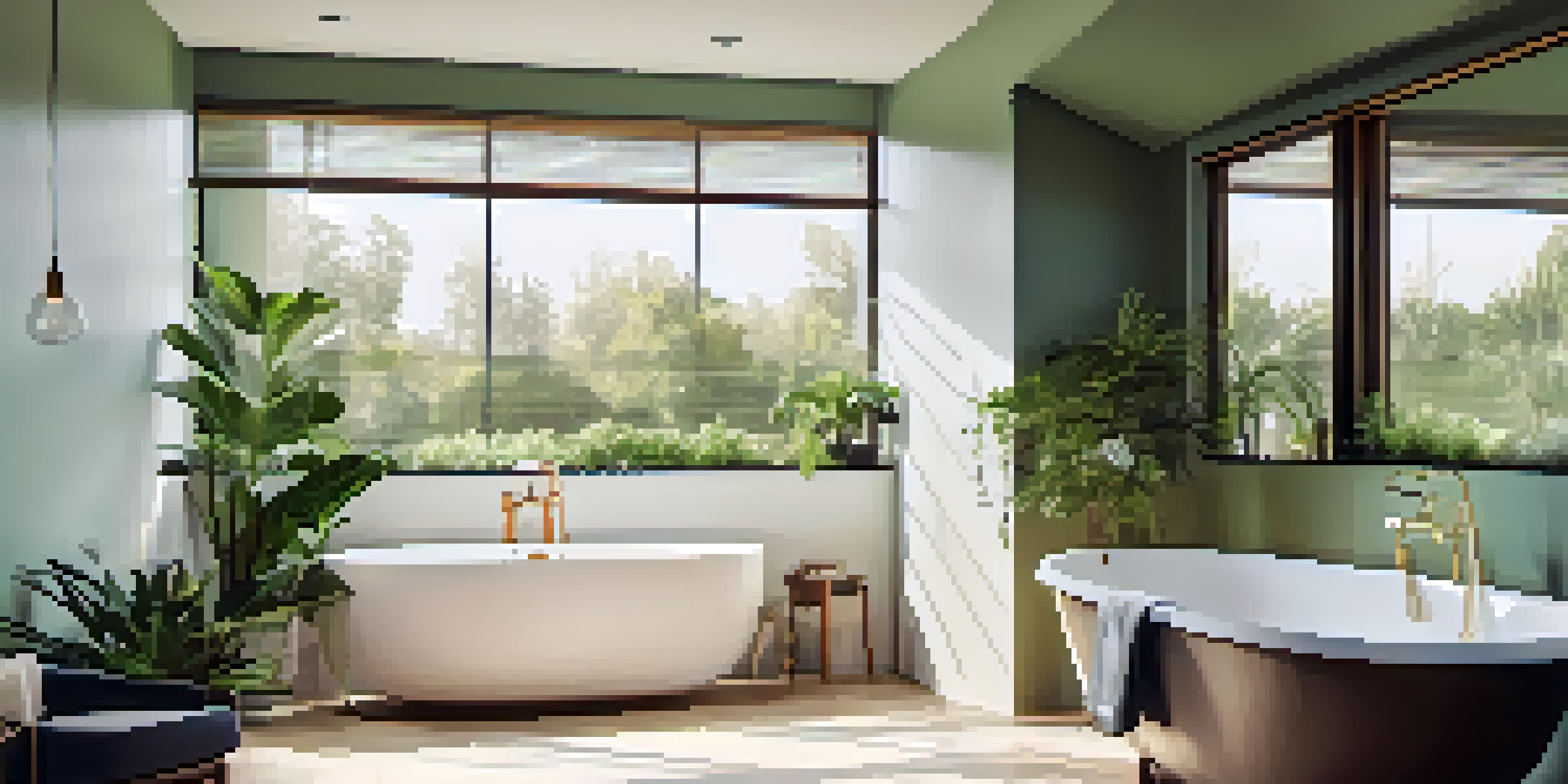 A modern, serene bathroom with a freestanding bathtub, green plants, and a wooden vanity lit by natural sunlight.