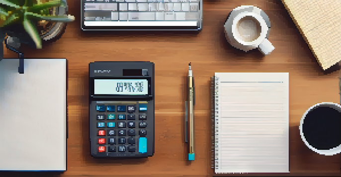 A person calculating finances with a calculator and notepad in a cozy home office setting.