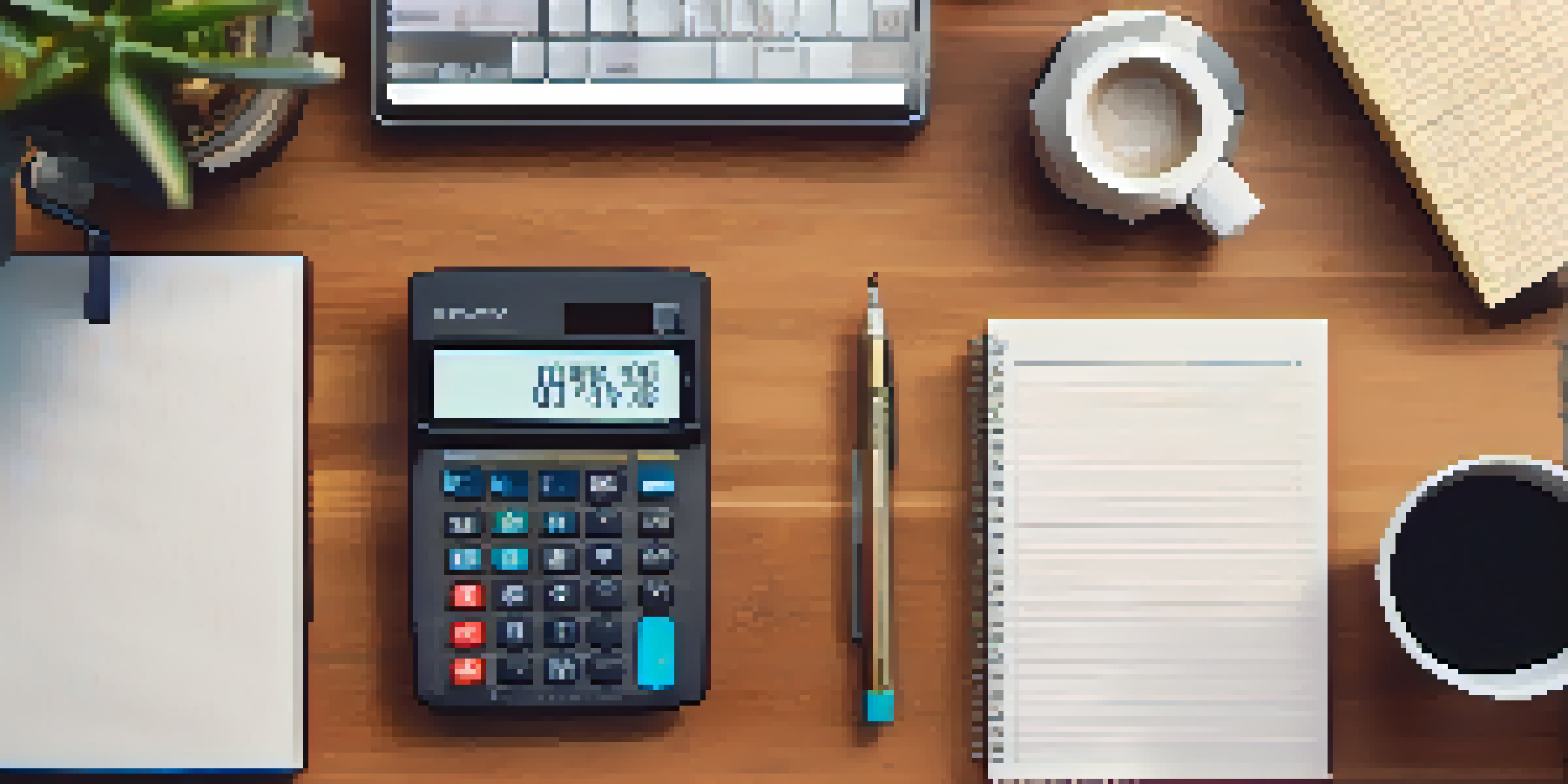 A person calculating finances with a calculator and notepad in a cozy home office setting.
