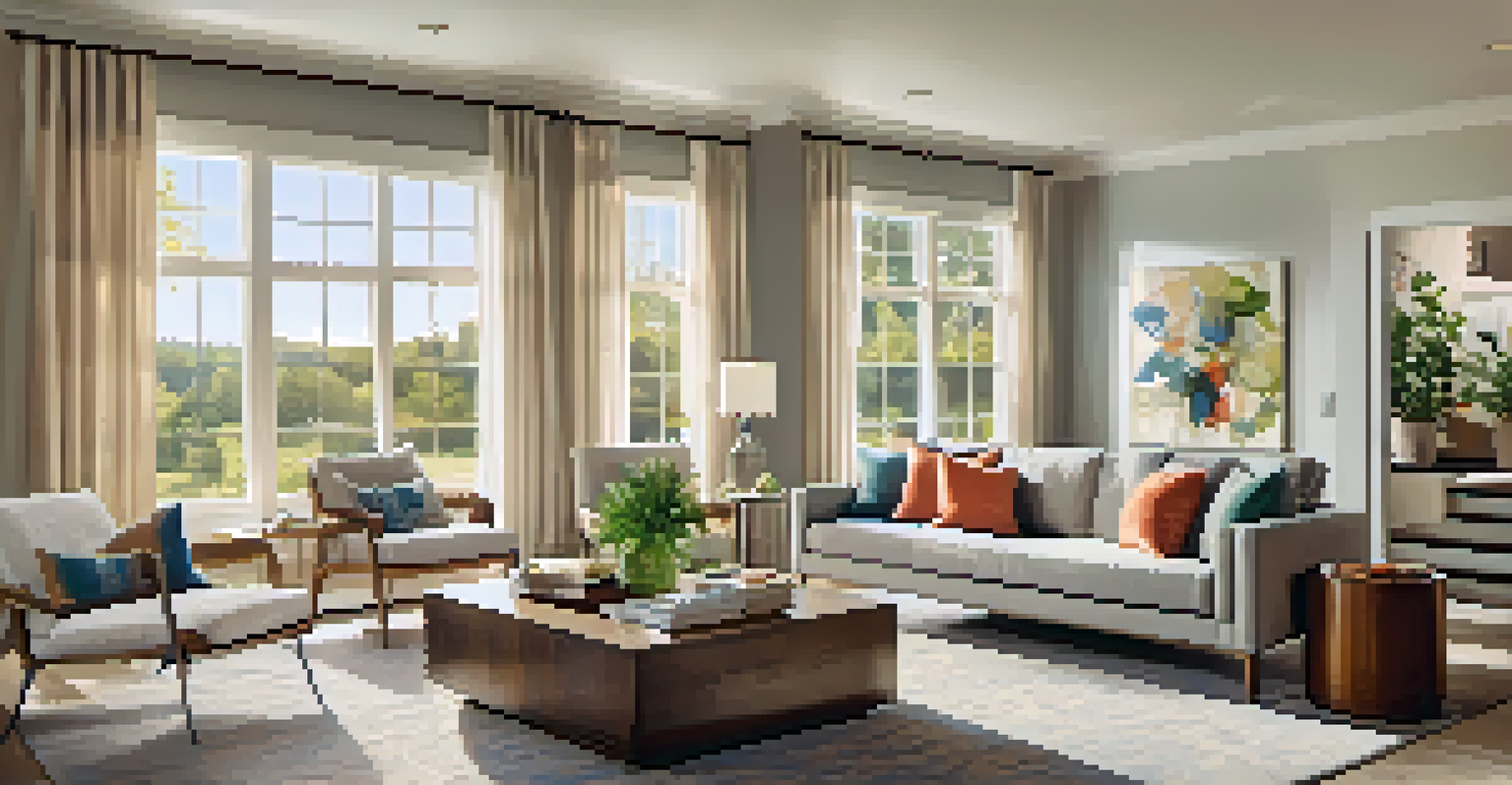 A real estate agent shows a couple a beautifully staged living room with modern furniture and large windows filled with natural light.