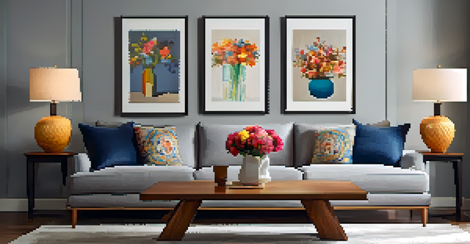 A cozy living room with a vintage coffee table and a modern sofa, decorated with colorful cushions and a vase of flowers.