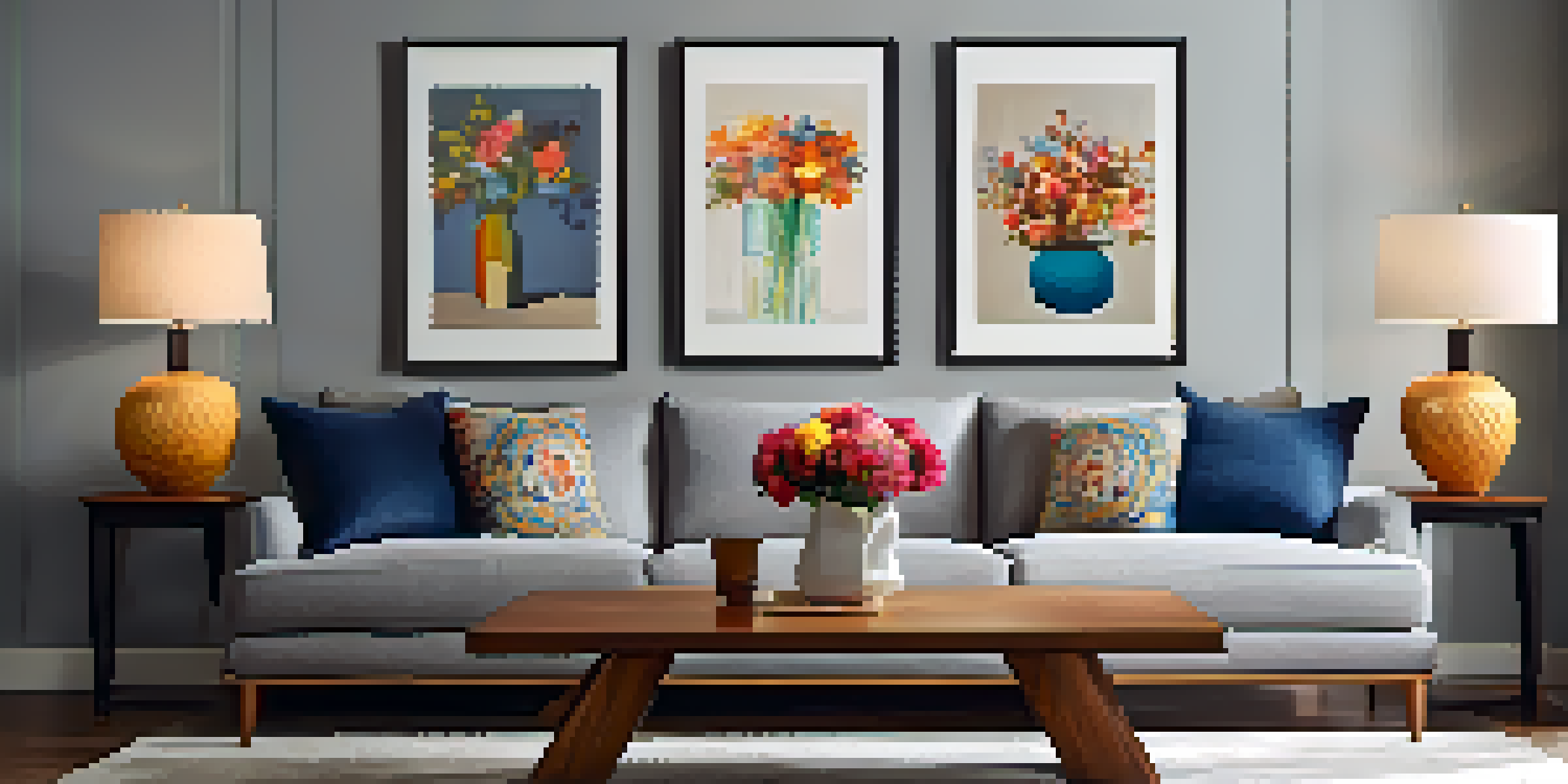 A cozy living room with a vintage coffee table and a modern sofa, decorated with colorful cushions and a vase of flowers.