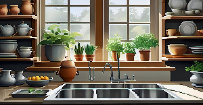 A bright and organized kitchen with sunlight, showcasing pots and pans on shelves and a bowl of fruit on the counter.