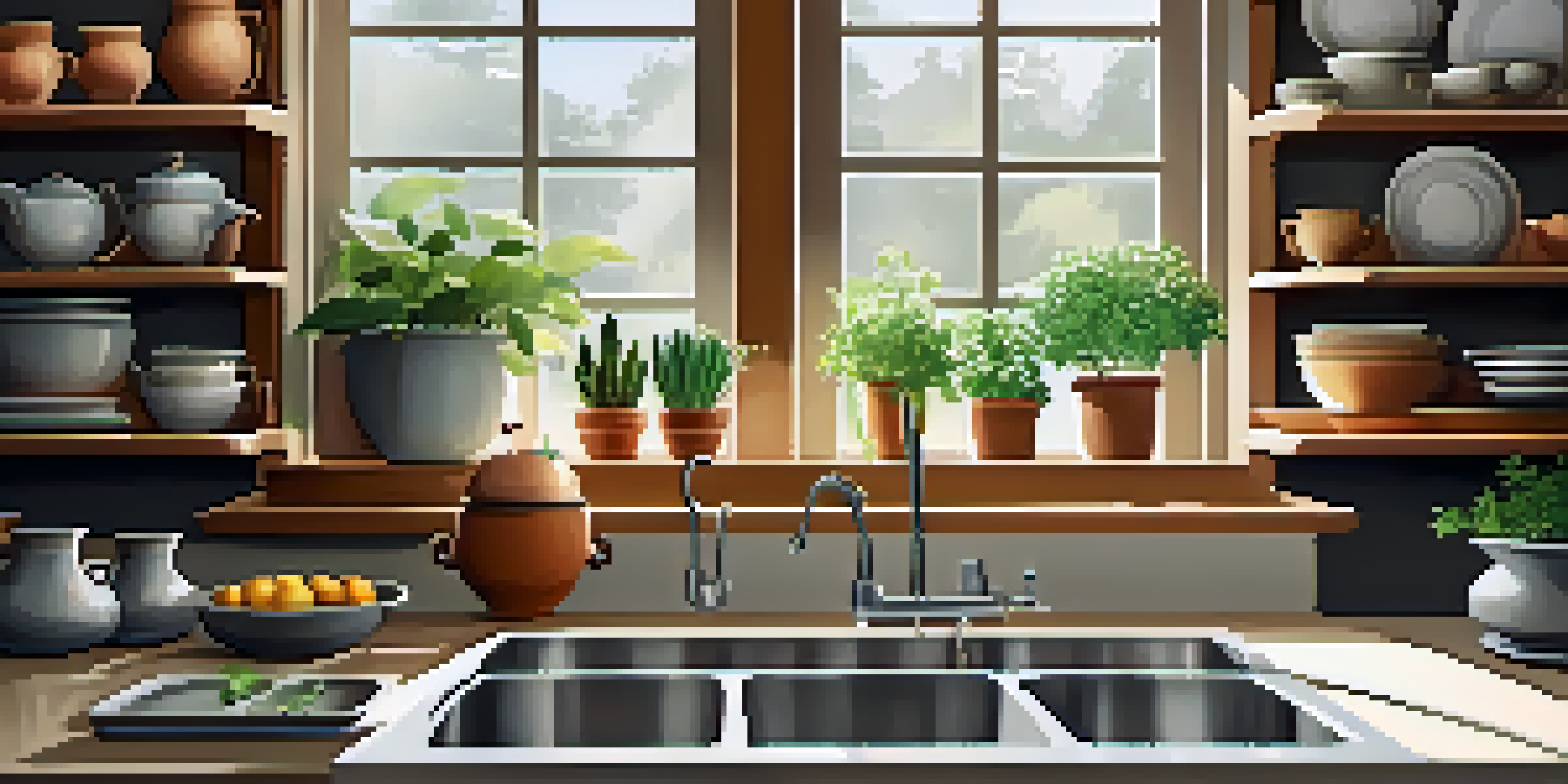 A bright and organized kitchen with sunlight, showcasing pots and pans on shelves and a bowl of fruit on the counter.
