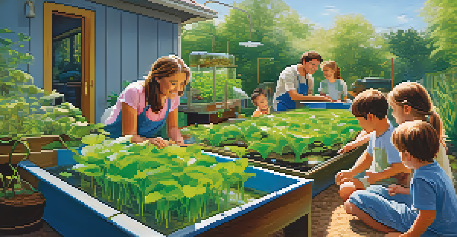 A family working together to set up an aquaponics system in their backyard garden.