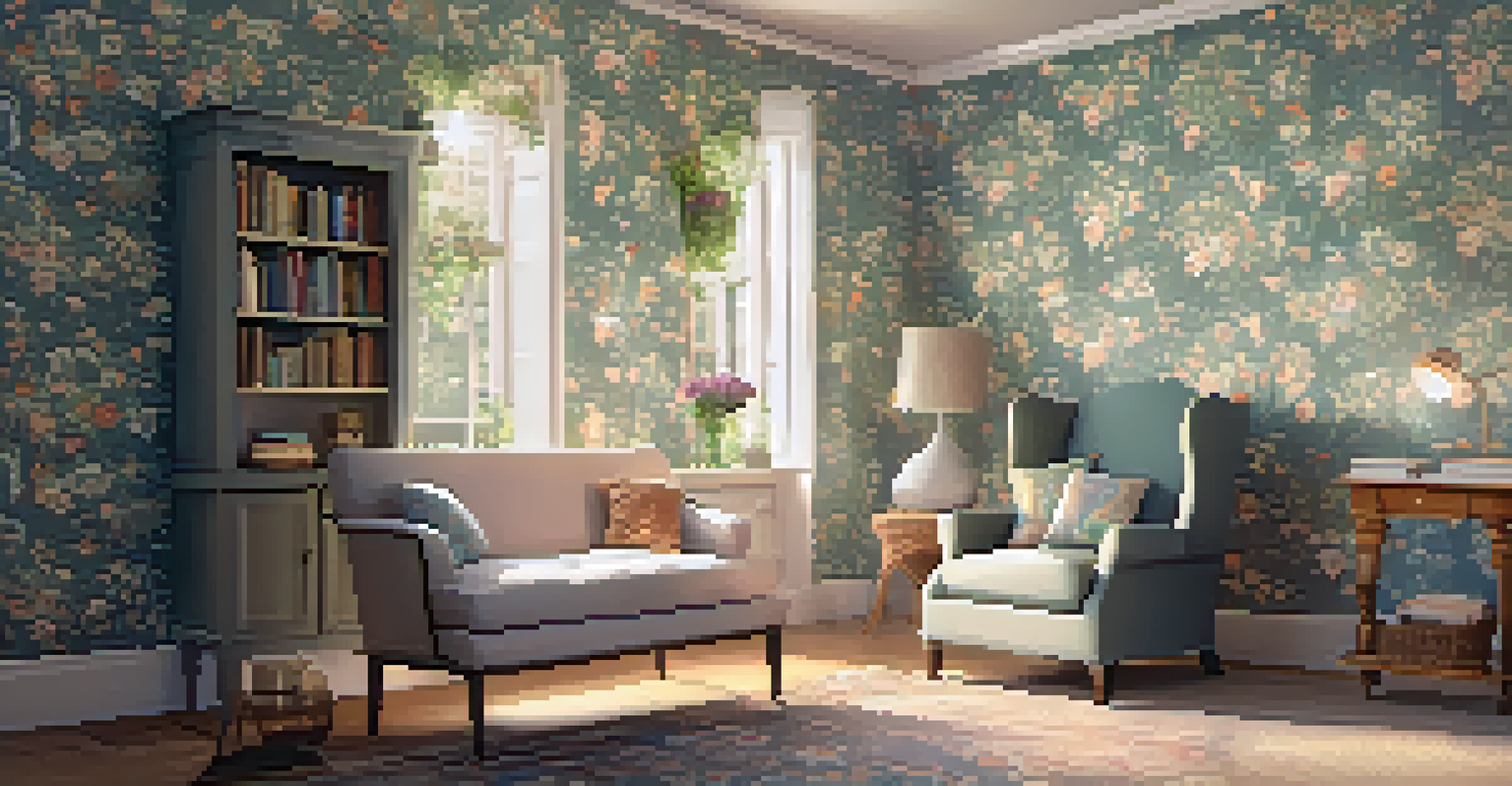 A cozy reading nook with floral wallpaper, a comfortable chair, and natural light creating a warm atmosphere.