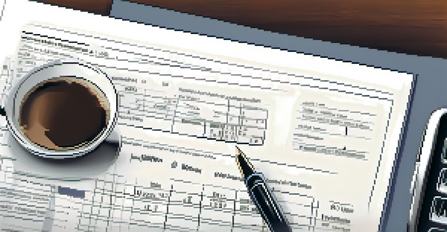 Close-up image of a hand writing on a financial document with a calculator and coffee nearby.