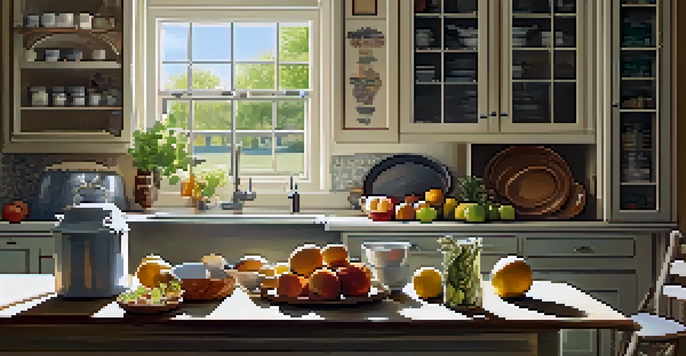 A sunny kitchen featuring a wooden table with fresh fruits and organized airtight containers, emphasizing cleanliness and food storage.