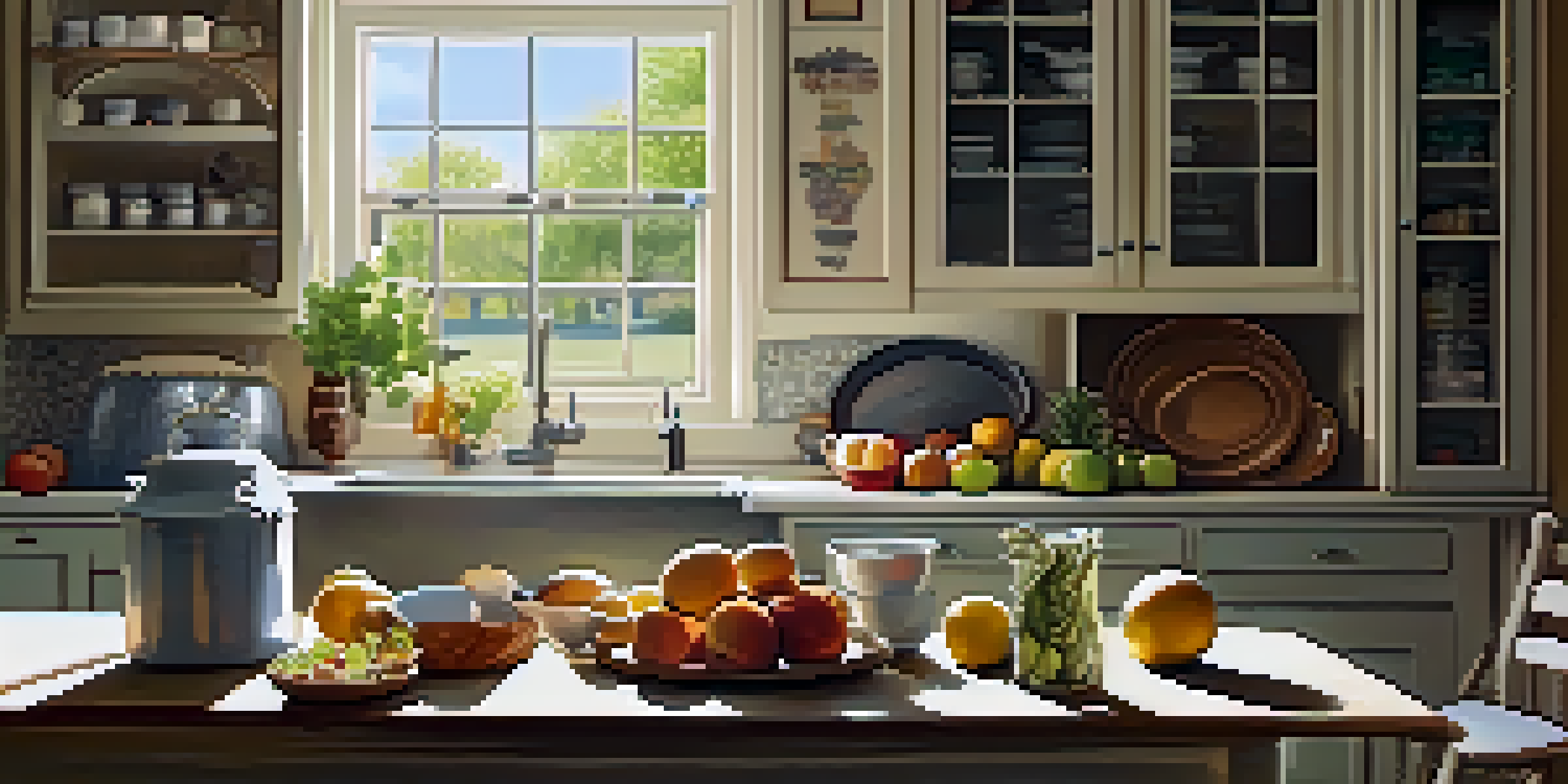 A sunny kitchen featuring a wooden table with fresh fruits and organized airtight containers, emphasizing cleanliness and food storage.