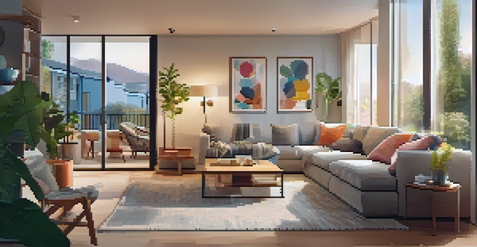 A cozy living room in an apartment with a family interacting, modern furniture, and a view of a vibrant garden.