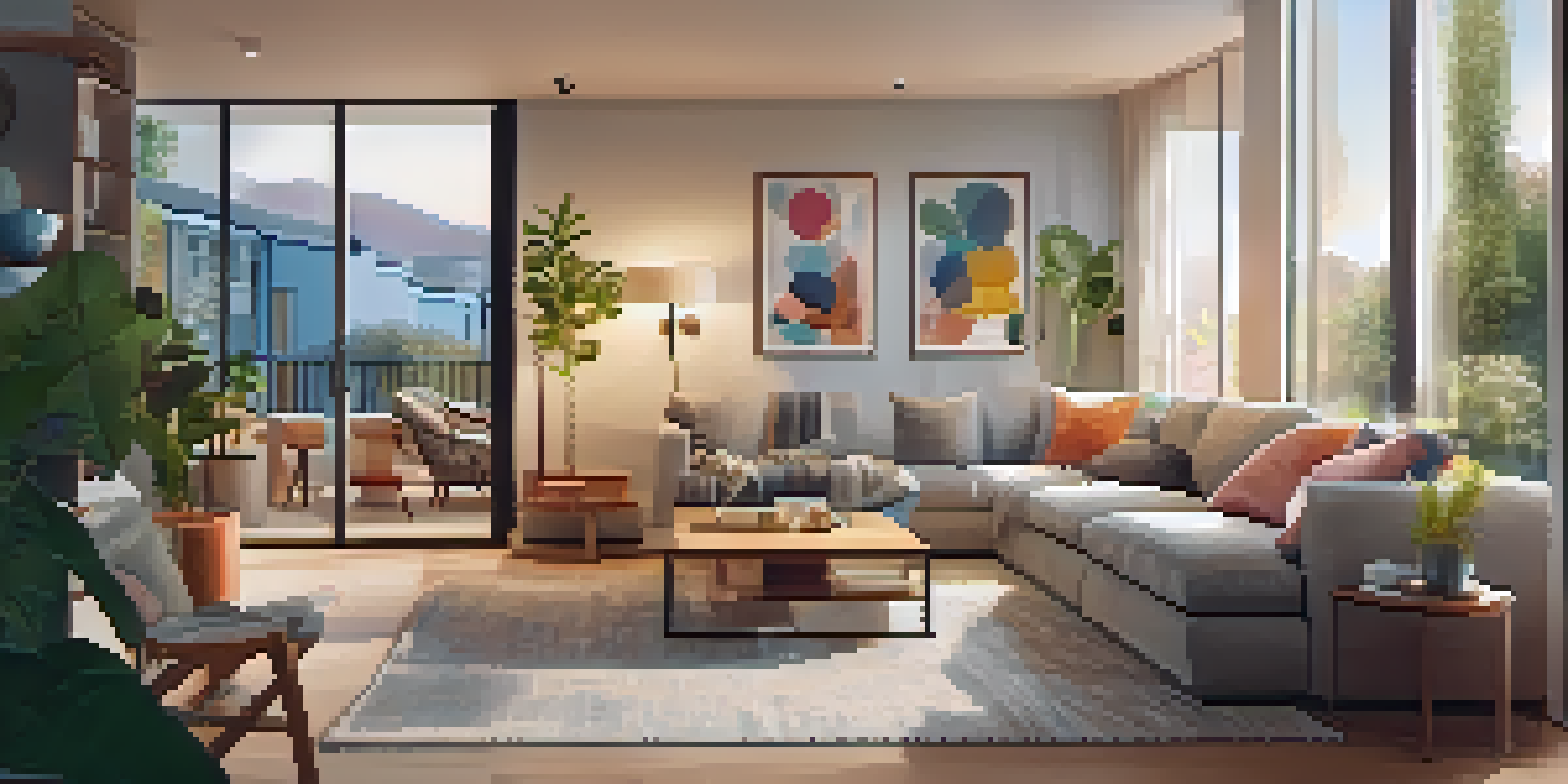 A cozy living room in an apartment with a family interacting, modern furniture, and a view of a vibrant garden.