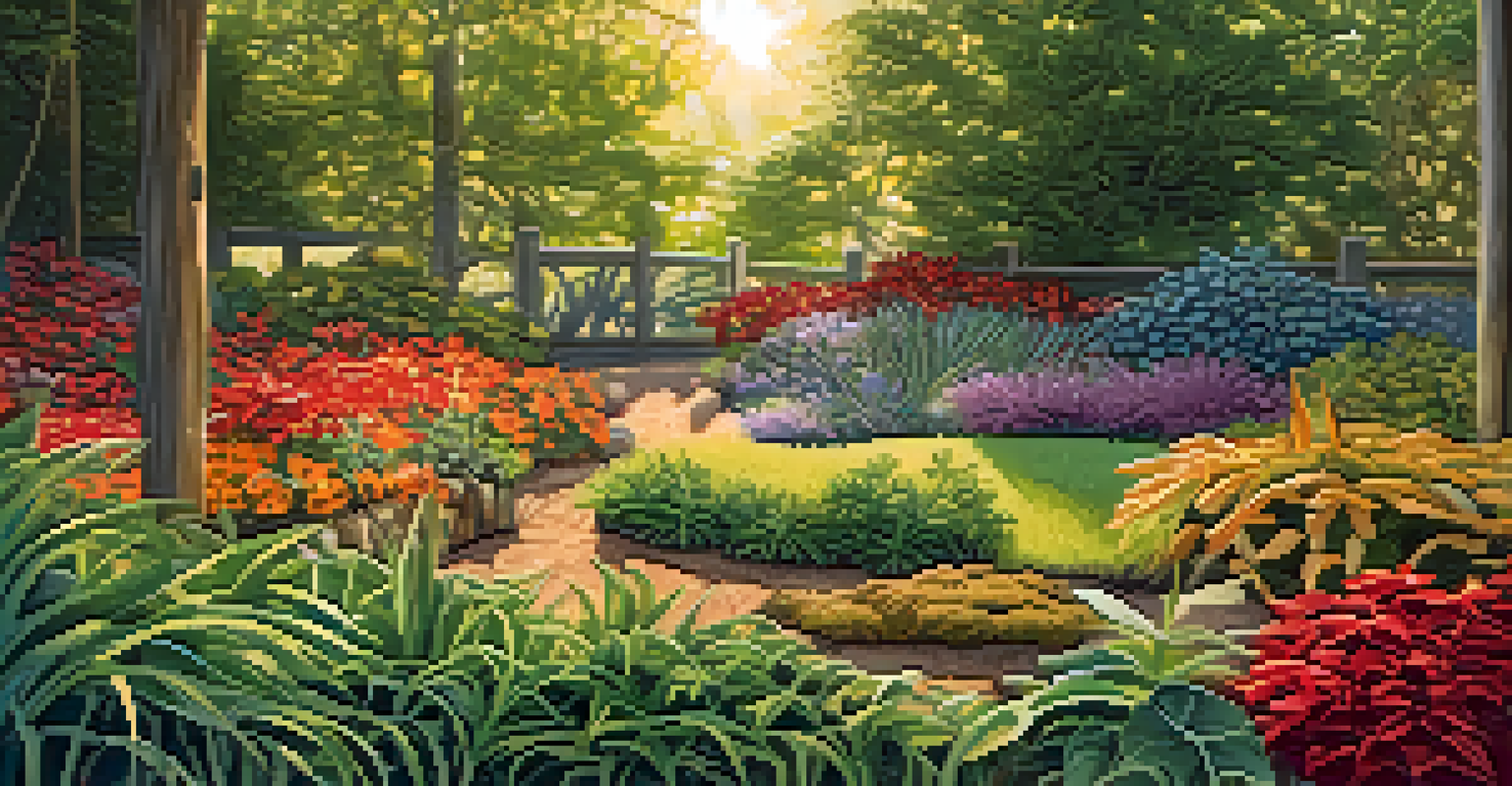 A garden scene with organic mulch surrounding healthy plants, illuminated by bright sunlight.