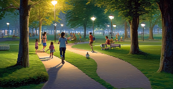 A peaceful park at dusk with families picnicking, children playing, and joggers on well-lit paths surrounded by greenery.