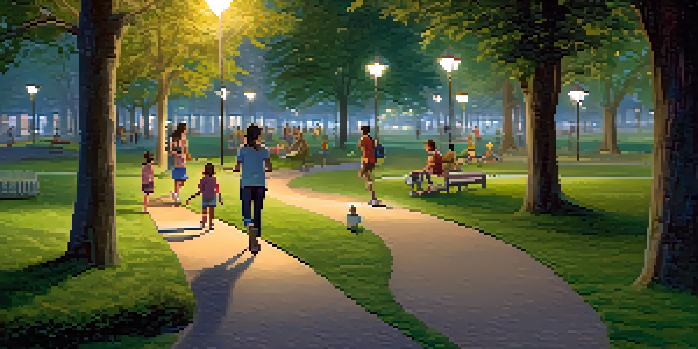 A peaceful park at dusk with families picnicking, children playing, and joggers on well-lit paths surrounded by greenery.