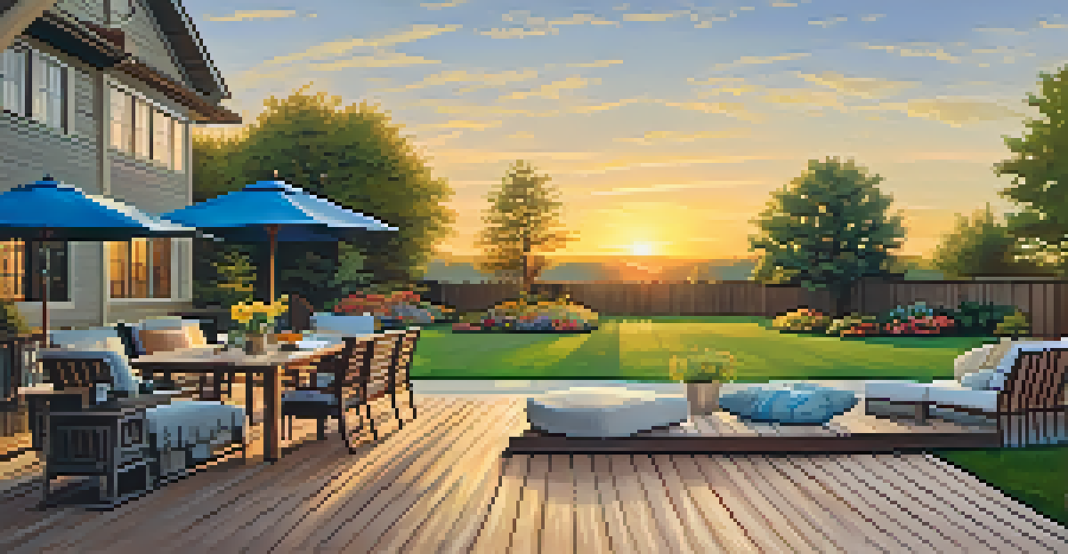 A beautiful backyard with a manicured lawn, colorful flowers, and a wooden deck with outdoor furniture. The sunset creates a warm golden hue over the landscape.