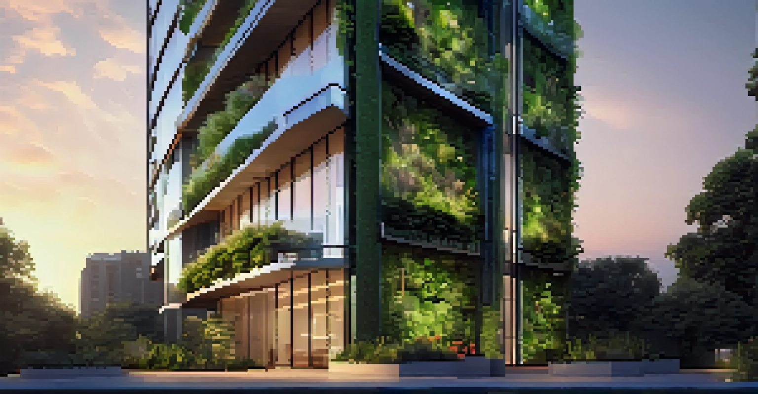 A modern apartment building with a vertical garden at sunset, showcasing plants growing on its facade.