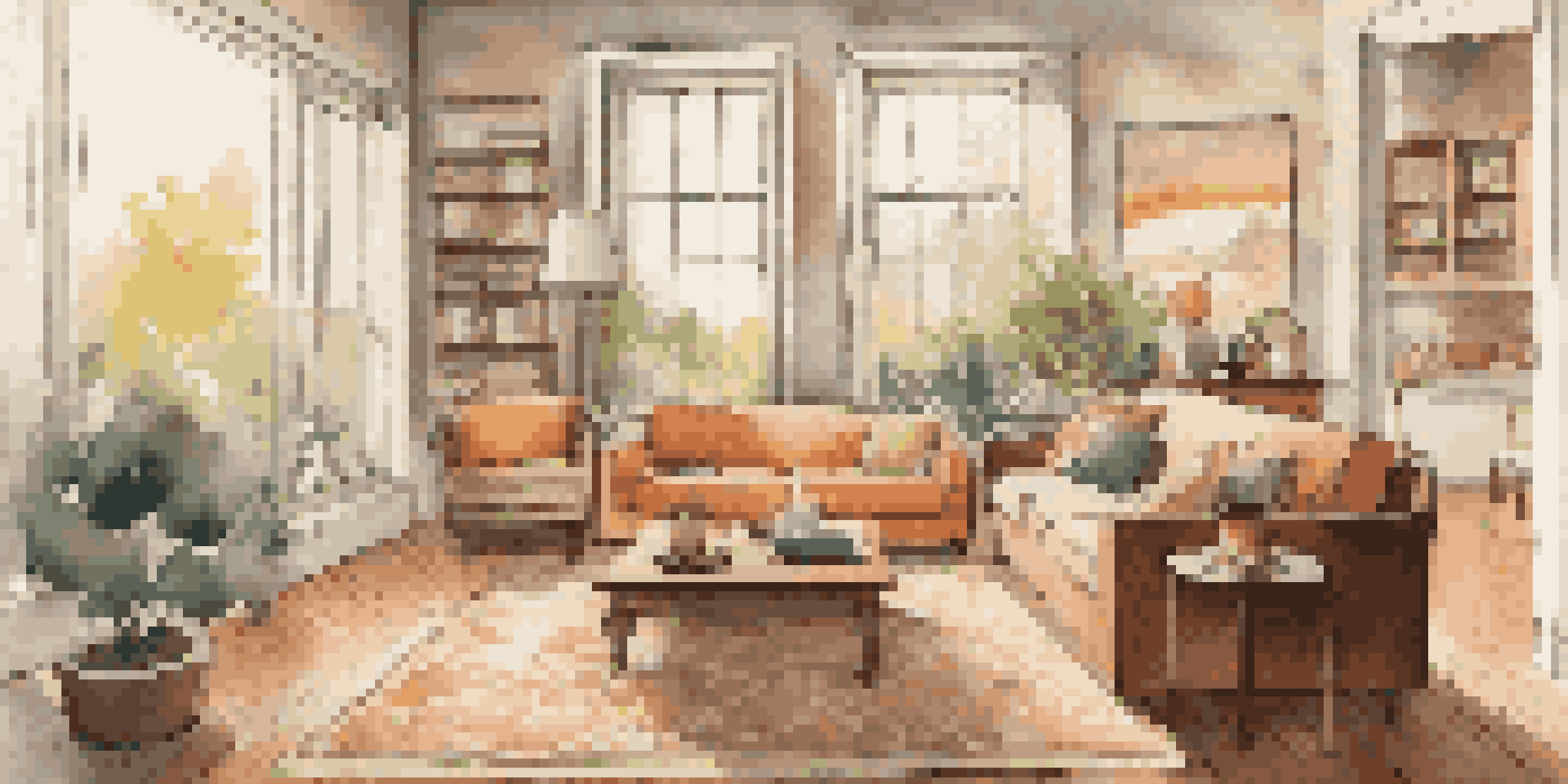 A cozy living room with a plush sofa and large windows, filled with soft natural light and decorated with framed artwork.