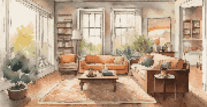 A cozy living room with a plush sofa and large windows, filled with soft natural light and decorated with framed artwork.