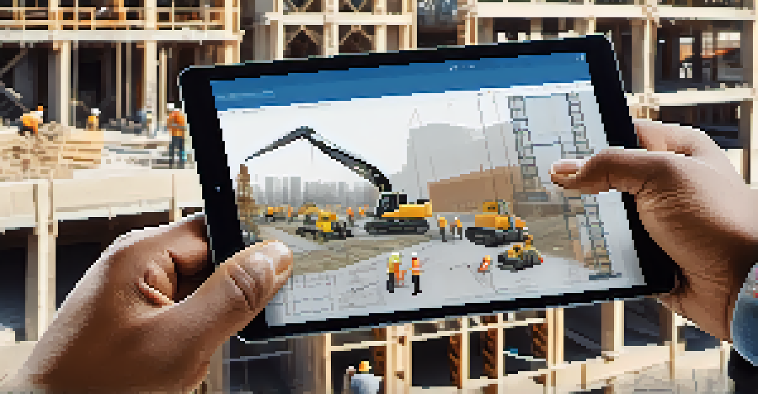 Close-up of a construction worker's hands holding a tablet with blueprints on a construction site.