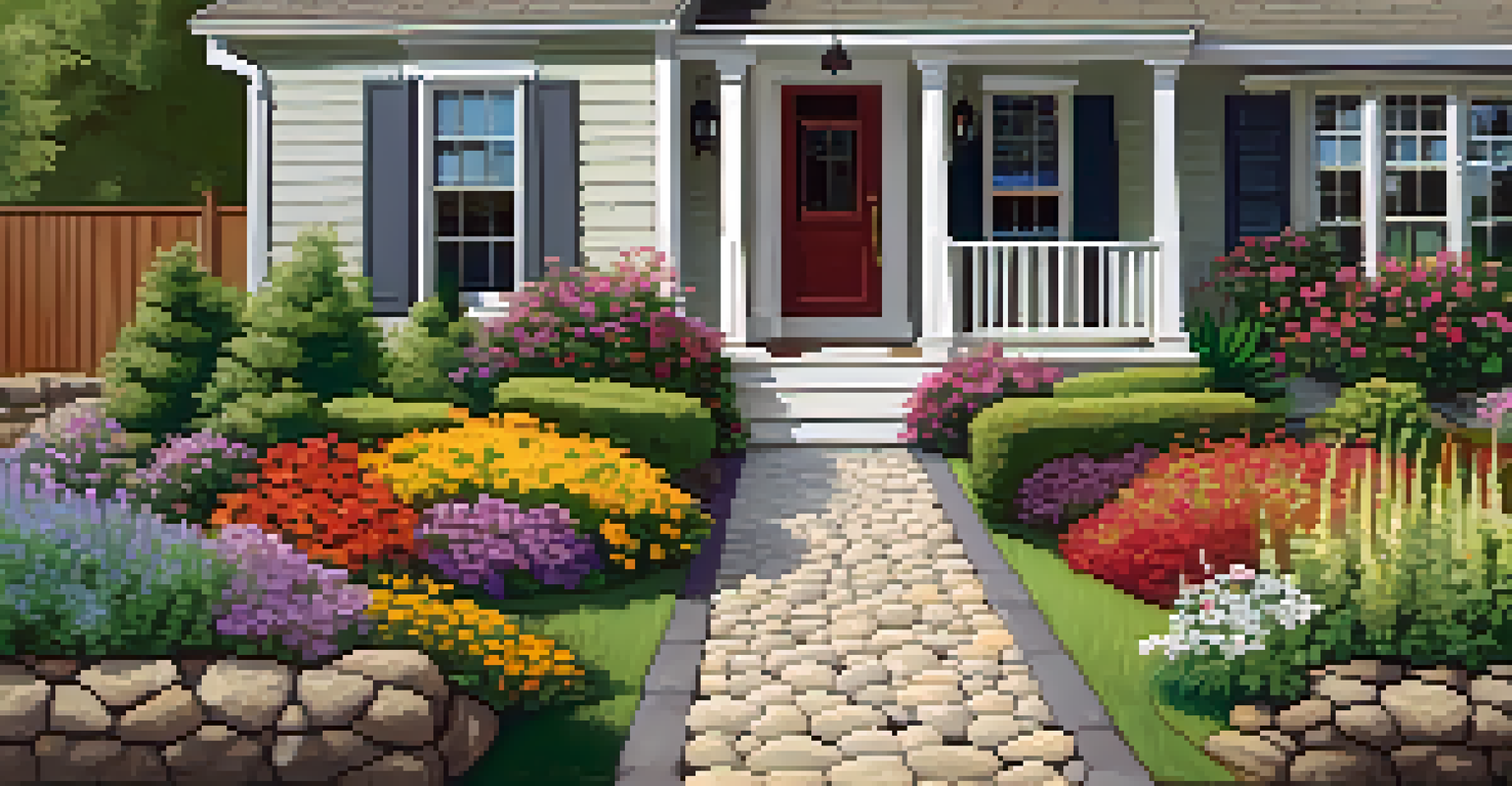 A close-up of colorful flowers and plants alongside a clear gravel pathway leading to a house.