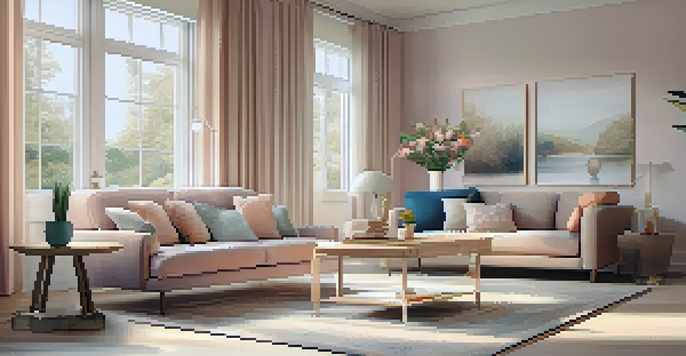 A clean and organized living room filled with natural light, showcasing a cozy couch and a fresh vase of flowers on the coffee table.