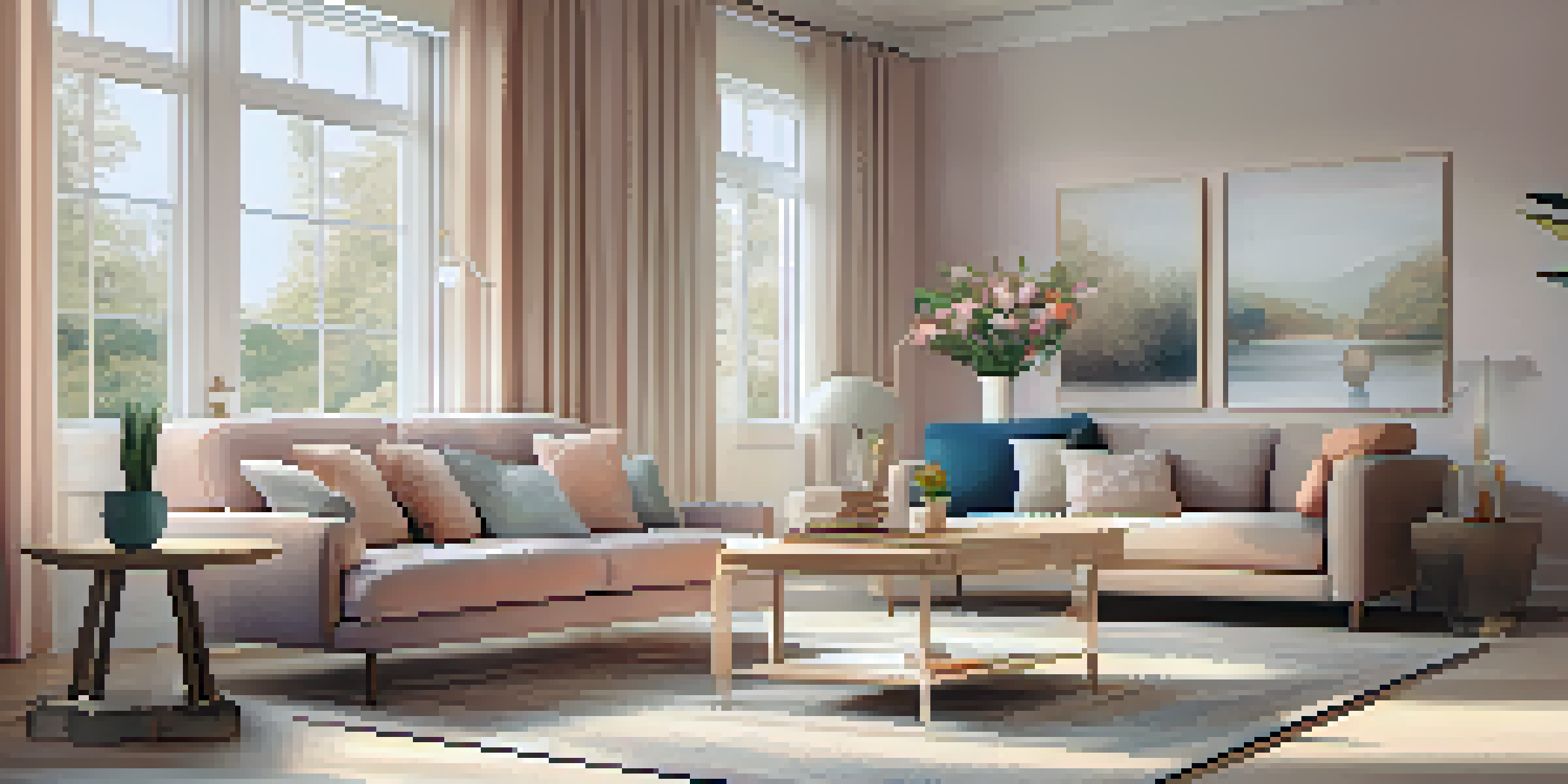 A clean and organized living room filled with natural light, showcasing a cozy couch and a fresh vase of flowers on the coffee table.