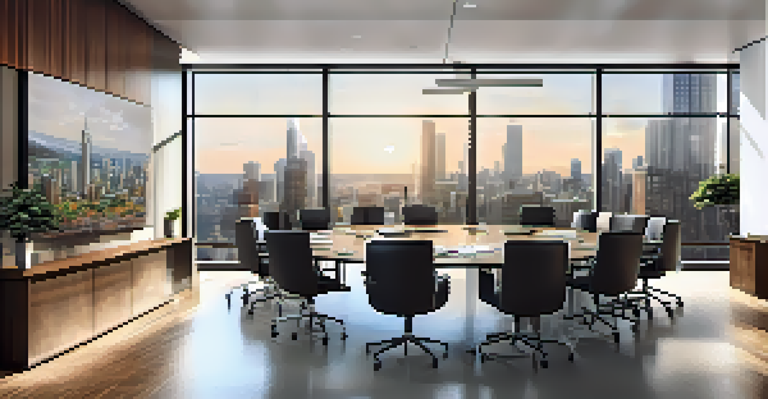 A modern office conference room with professionals discussing real estate, illuminated by natural light.