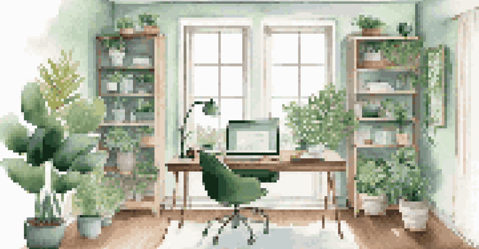 A stylish home office with a laptop, houseplants, and natural light creating a productive workspace.