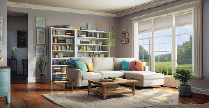 A warm and inviting living room with a sofa, coffee table, and large window, decorated with plants and books.
