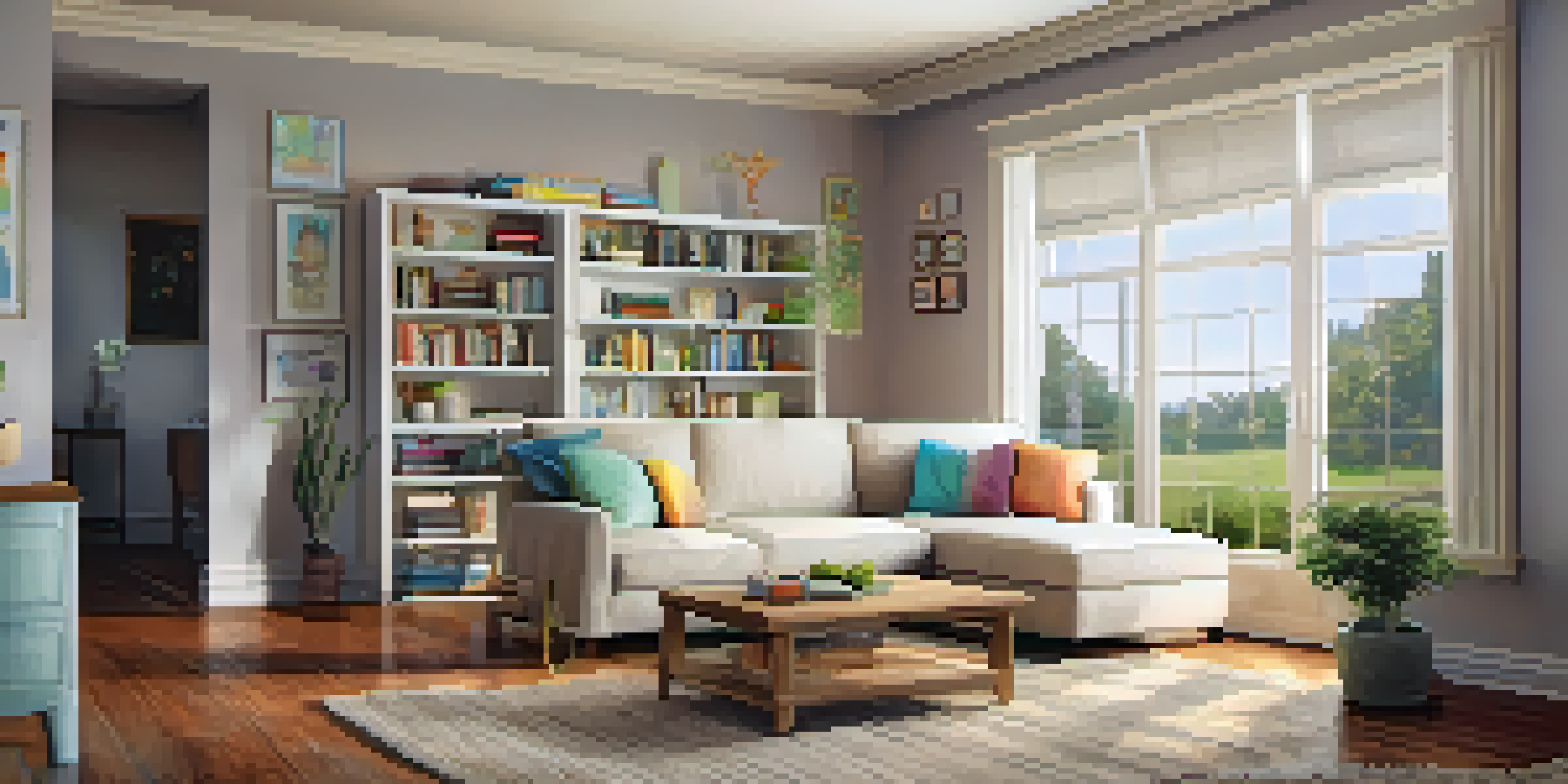A warm and inviting living room with a sofa, coffee table, and large window, decorated with plants and books.