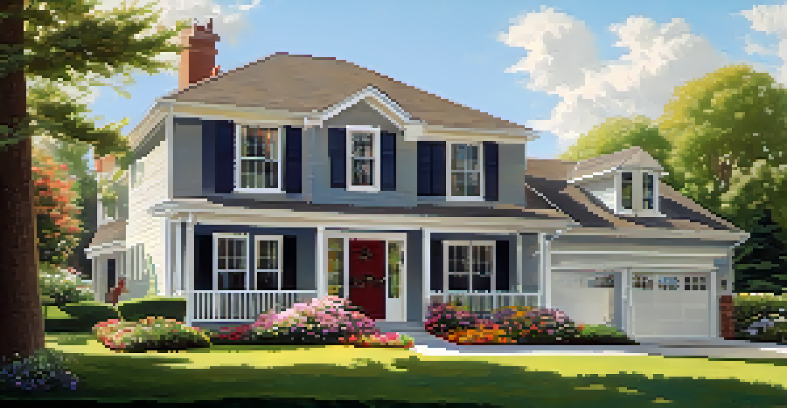 A picturesque suburban home during an open house, with visitors and a friendly host in a sunny outdoor setting.