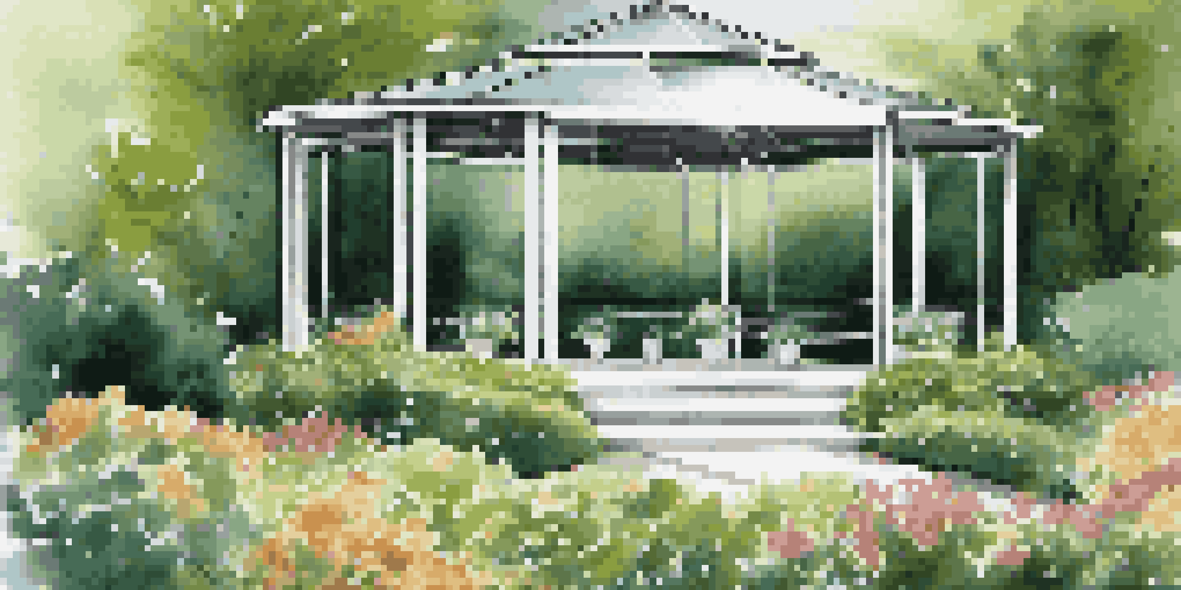 A sleek, modern gazebo with glass panels surrounded by colorful flowers and greenery.