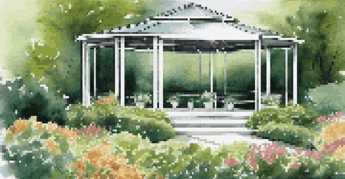 A sleek, modern gazebo with glass panels surrounded by colorful flowers and greenery.