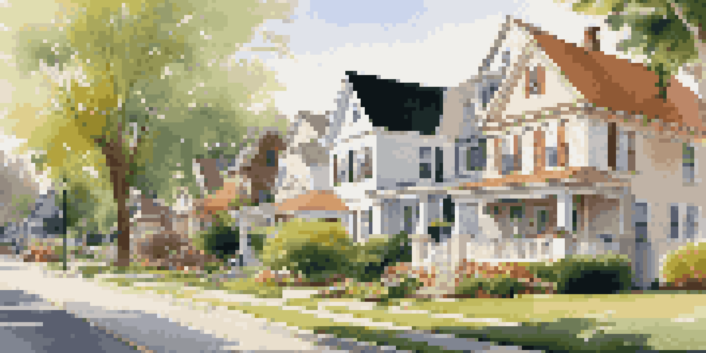 A peaceful suburban neighborhood with diverse houses and families enjoying their outdoor spaces under warm sunlight.