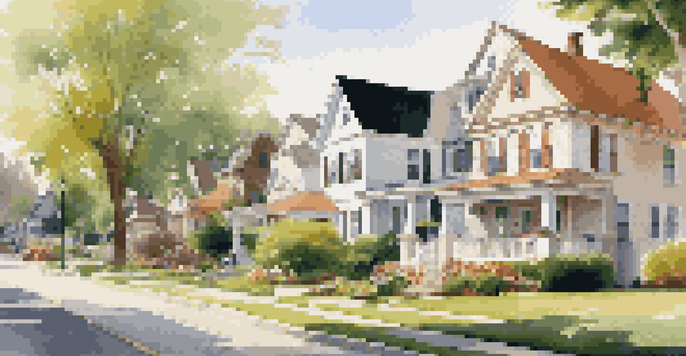 A peaceful suburban neighborhood with diverse houses and families enjoying their outdoor spaces under warm sunlight.