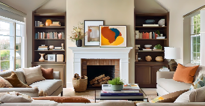 A well-staged living room with natural light, a beige sofa, colorful cushions, and an abstract art piece on the wall.