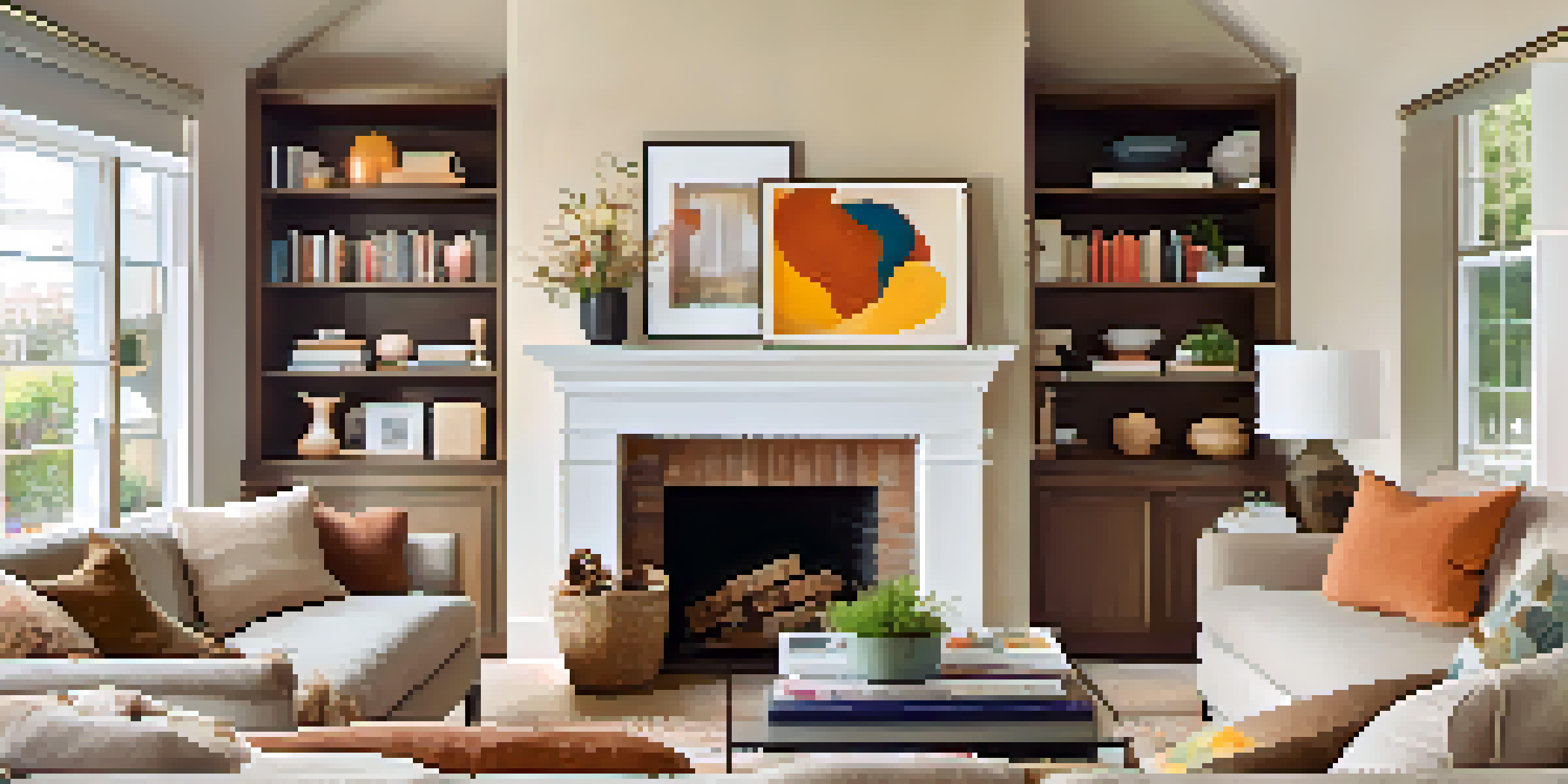 A well-staged living room with natural light, a beige sofa, colorful cushions, and an abstract art piece on the wall.
