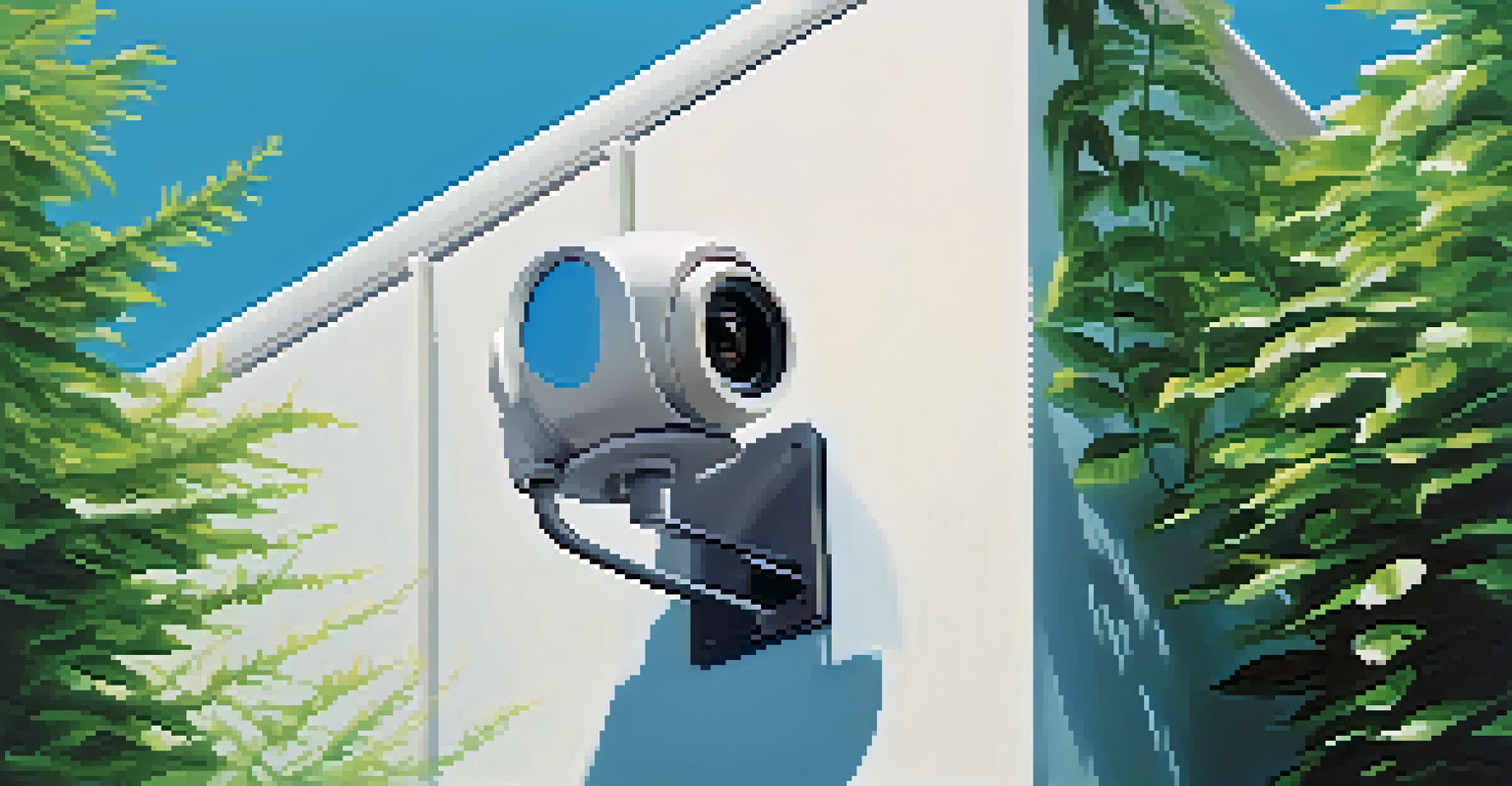 A high-tech security camera installed on a wall surrounded by greenery and a clear sky, symbolizing advanced surveillance.