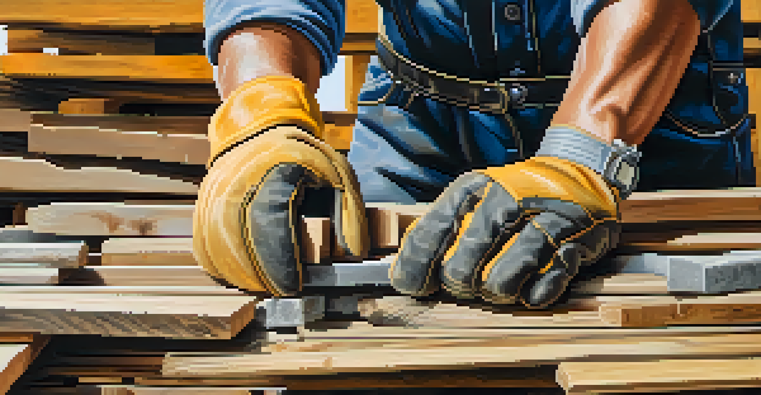 A close-up of a construction worker's hands holding reclaimed wood and metal pieces, with a blurred construction site in the background.