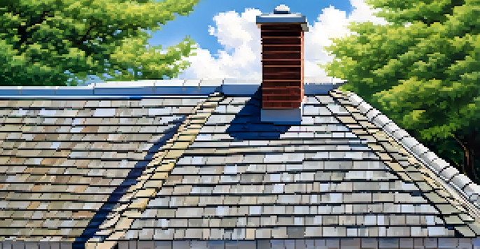 A well-maintained roof under a clear blue sky, surrounded by green trees.