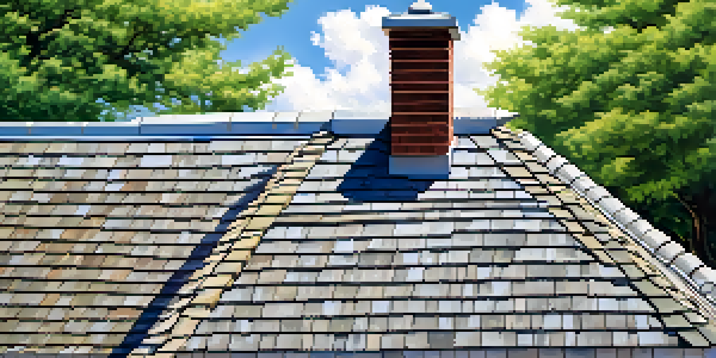 A well-maintained roof under a clear blue sky, surrounded by green trees.