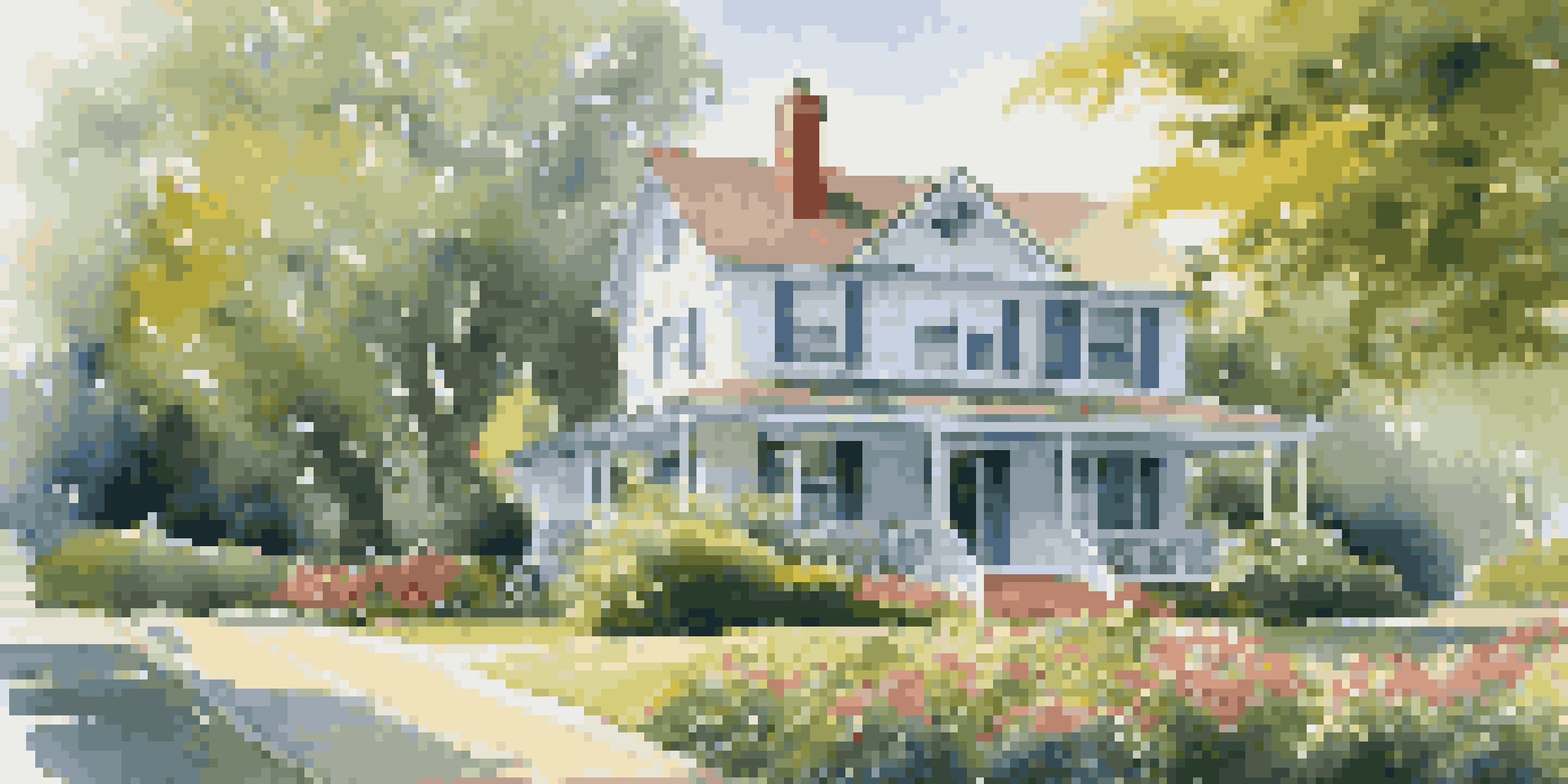 A picturesque rental property with a well-kept garden and clear blue sky.