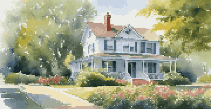 A picturesque rental property with a well-kept garden and clear blue sky.