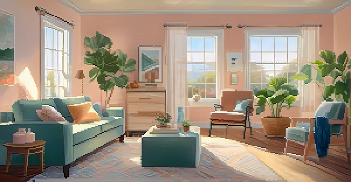 A happy family unpacking boxes in a bright living room filled with sunlight and plants, with a home inspection report on the table.