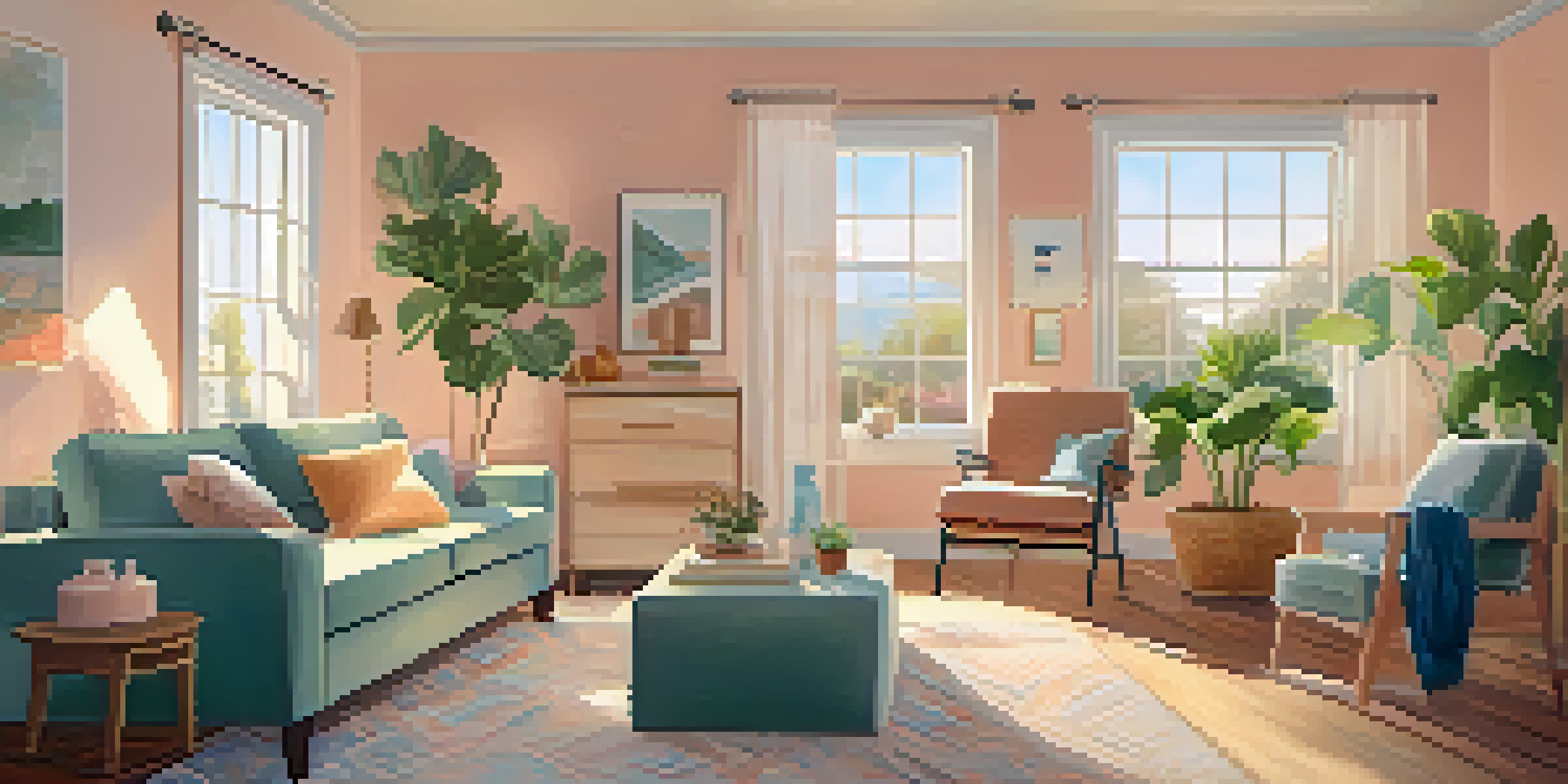 A happy family unpacking boxes in a bright living room filled with sunlight and plants, with a home inspection report on the table.