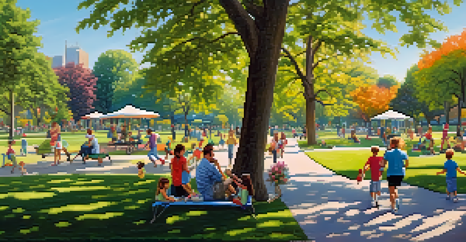 A lively city park filled with families, children playing, and joggers surrounded by trees and flowers.
