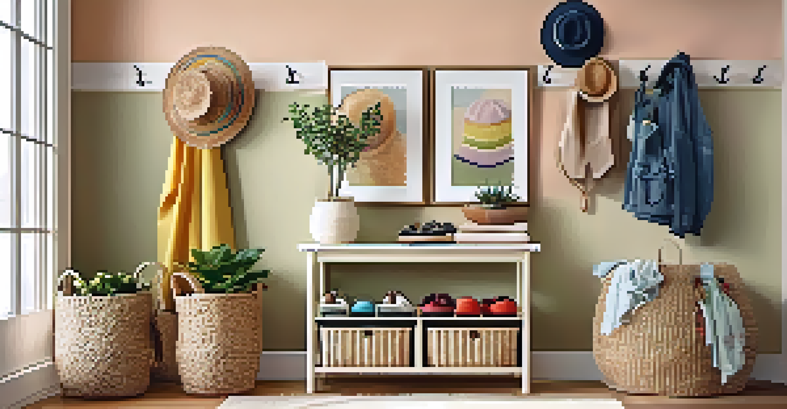 A vibrant entryway with a wall of hooks displaying colorful bags and hats, featuring a tidy floor and a woven basket for shoes.