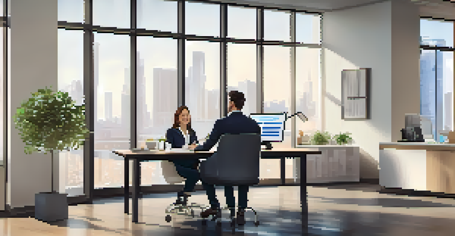 A professional property manager and a potential tenant engaged in conversation in a modern office, surrounded by rental documents.