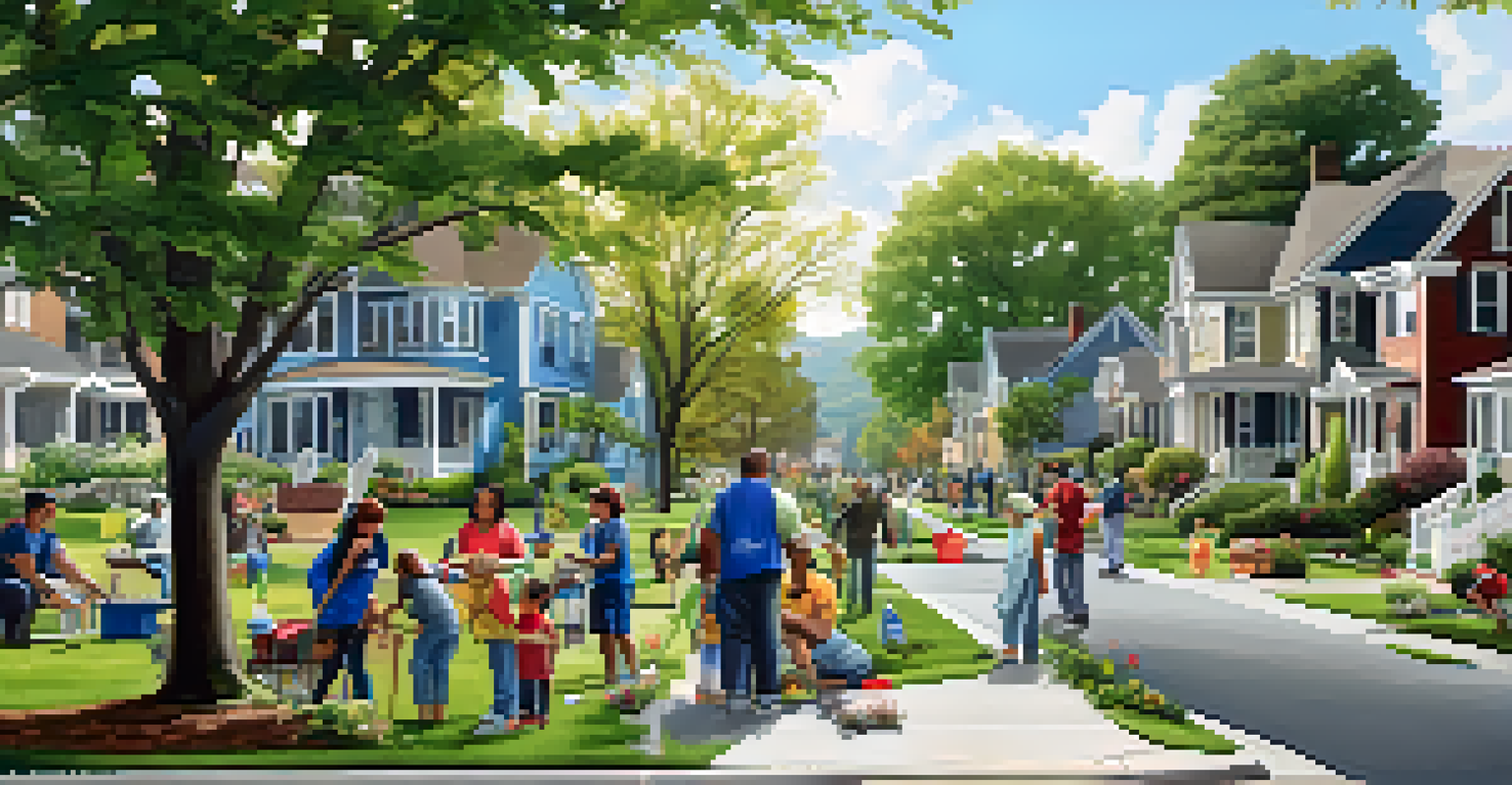Residents actively participating in a community cleanup event, surrounded by well-maintained homes and greenery.